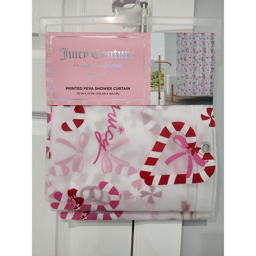 Juicy Couture Holiday Christmas Pink Candy Cane Hearts PEVA Shower Curtain Y2K